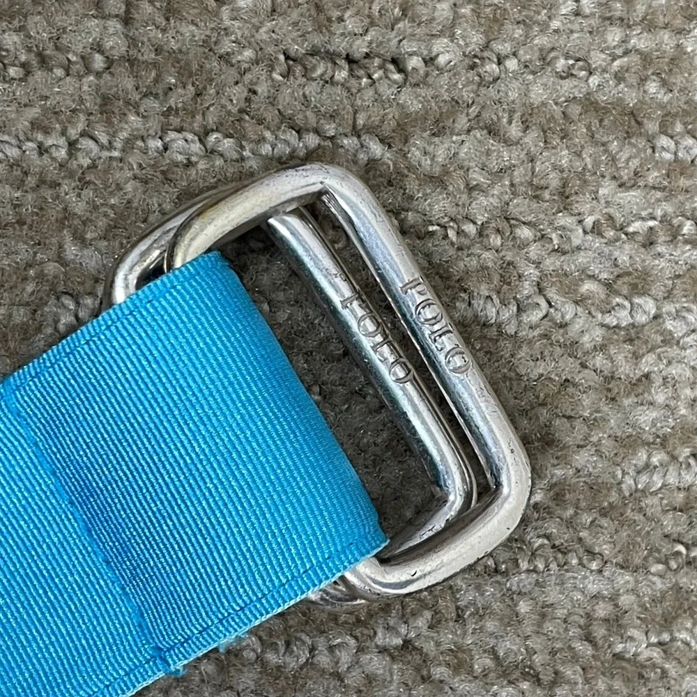 Vintage Polo Ralph Lauren L Belt Mens Blue Yellow Spider L D-Ring Ribbon USA